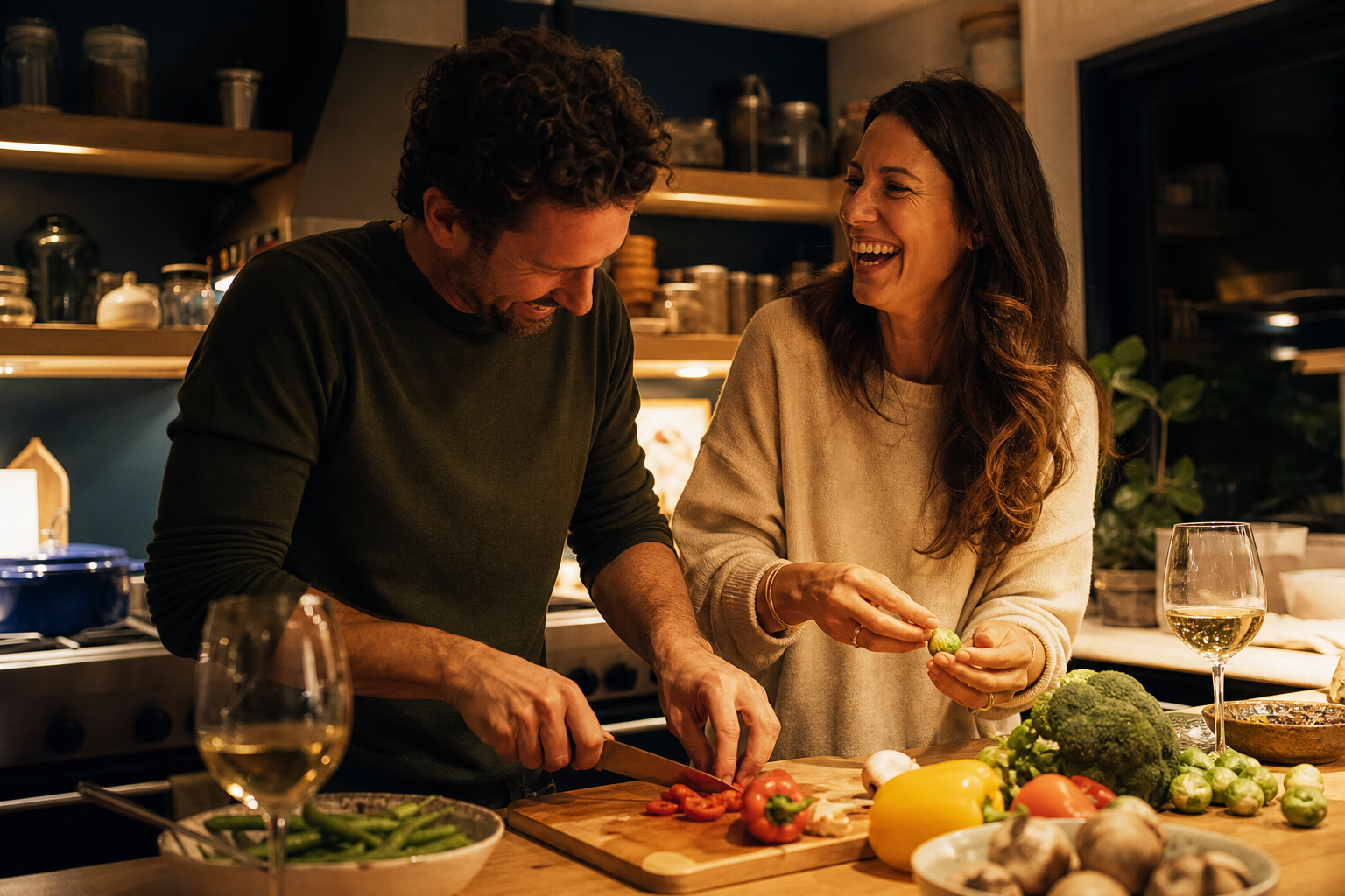 A couple cooking a real meal they enjoy together in a warm kitchen